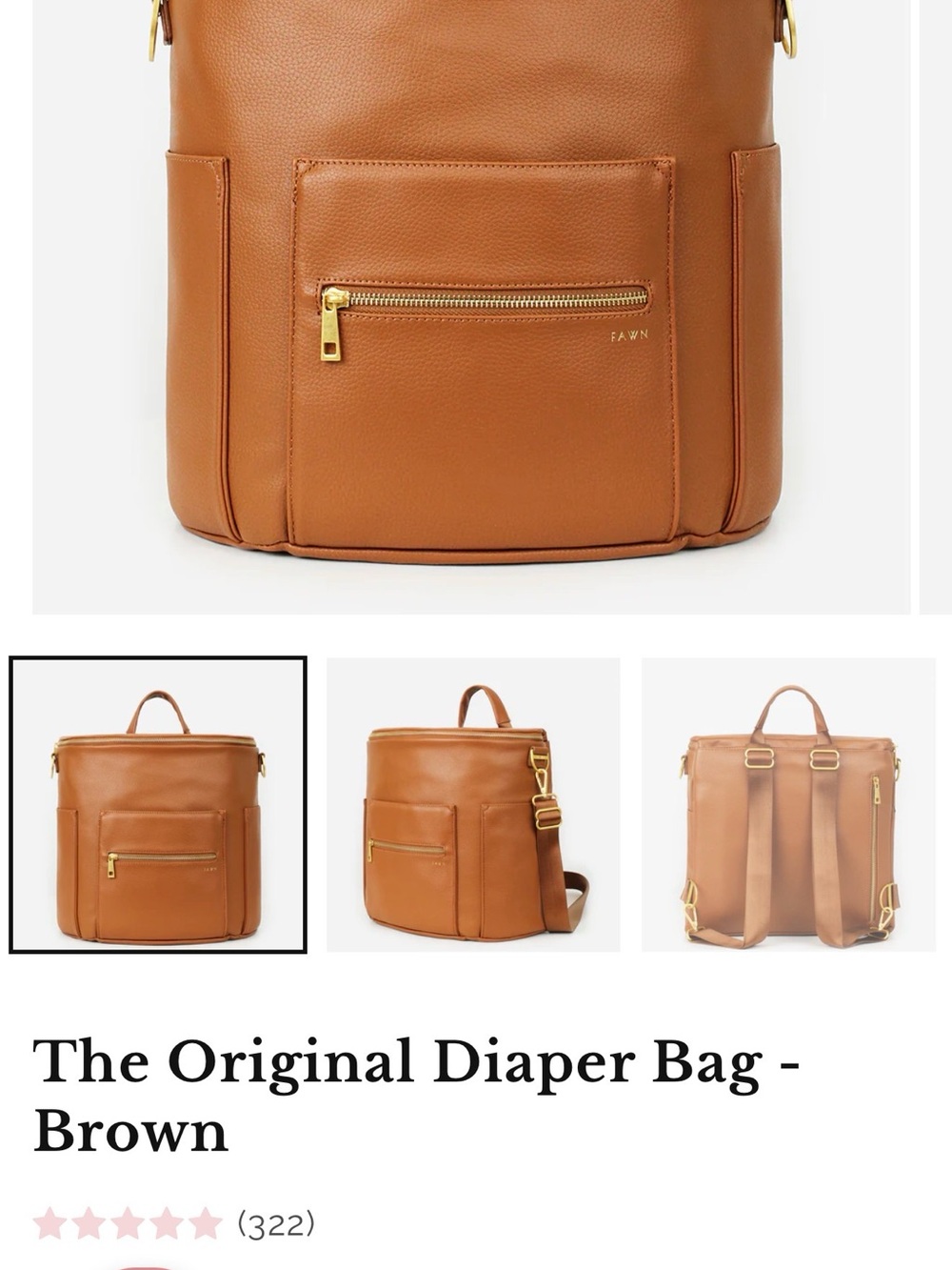 Fawn Design Diaper Backpack in Cognac Brown with Gold Hardware